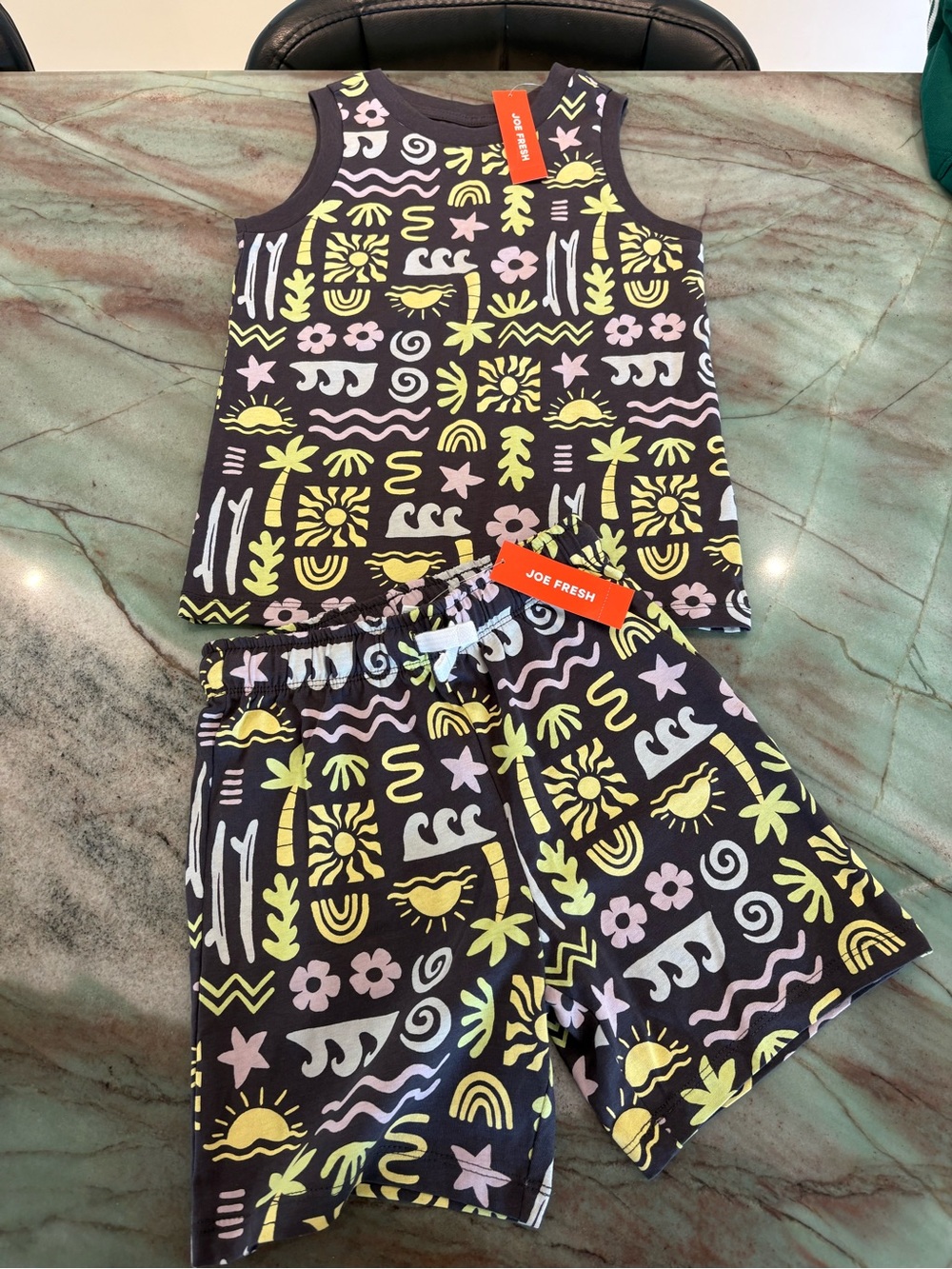 Joe Fresh Black Tank & Shorts Pajama Set with Yellow and Pink Graphics